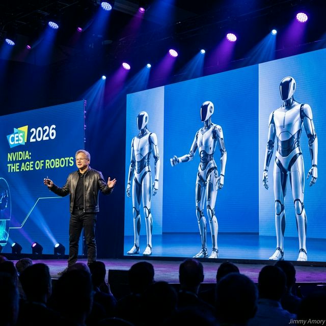 Jensen Huang au CES 2026 avec des robots