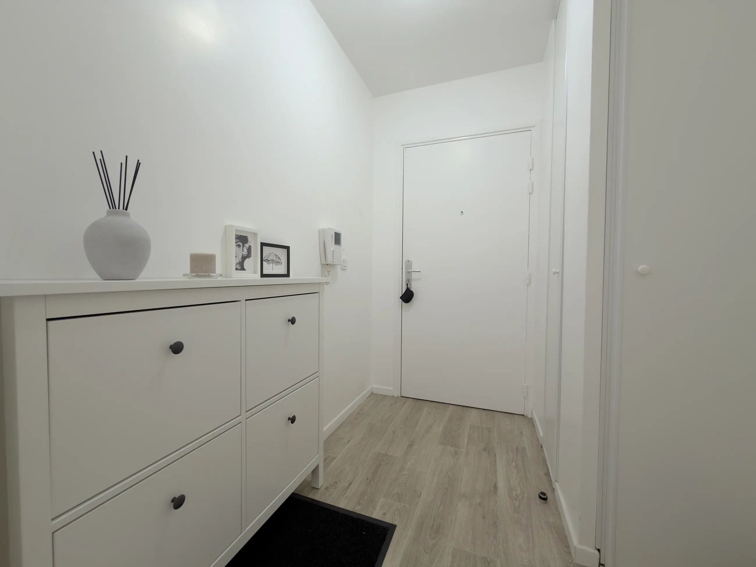 L'entrée vue depuis le seuil : la porte palière et le meuble de rangement.